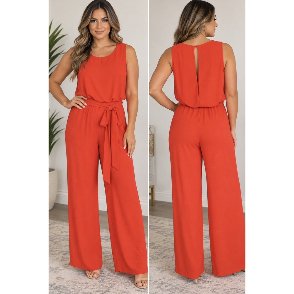 Vince Camuto Women Sleeveless Wide-Leg Jumpsuit Belted Pockets Orange Size 10